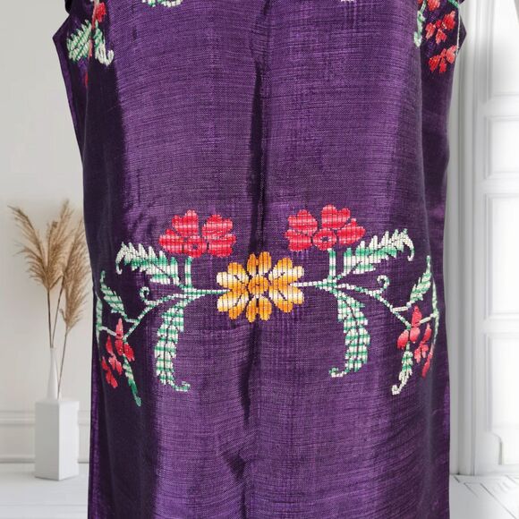 Vintage 60s Embroidered Sharkskin Shift Dress Size L Cap Sleeve Purple Mexican - Picture 14 of 16